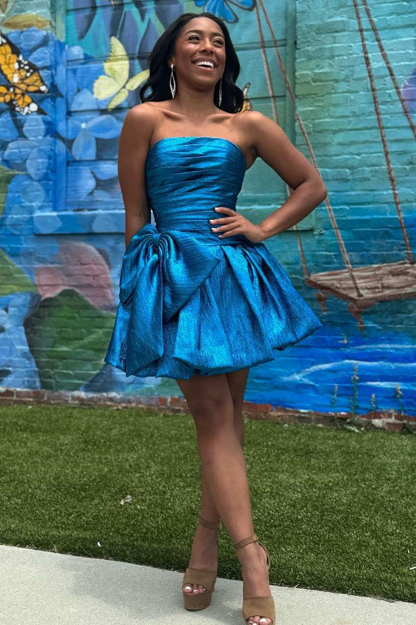 Glitter Pink A-Line Strapless Short Pleaded Homecoming Dress With Bowknot - View 4 | VelvetHem