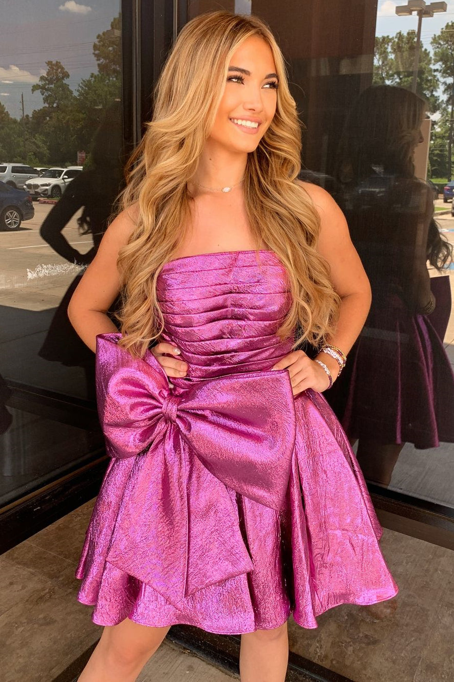 Glitter Pink A-Line Strapless Short Pleaded Homecoming Dress With Bowknot - View 2 | VelvetHem