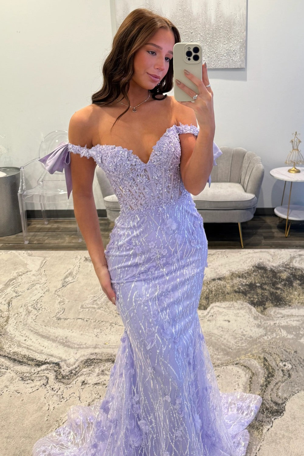 Charming Mermaid Off the Shoulder Lavender Long Prom Dress with Sequined Lace - View 3 | VelvetHem