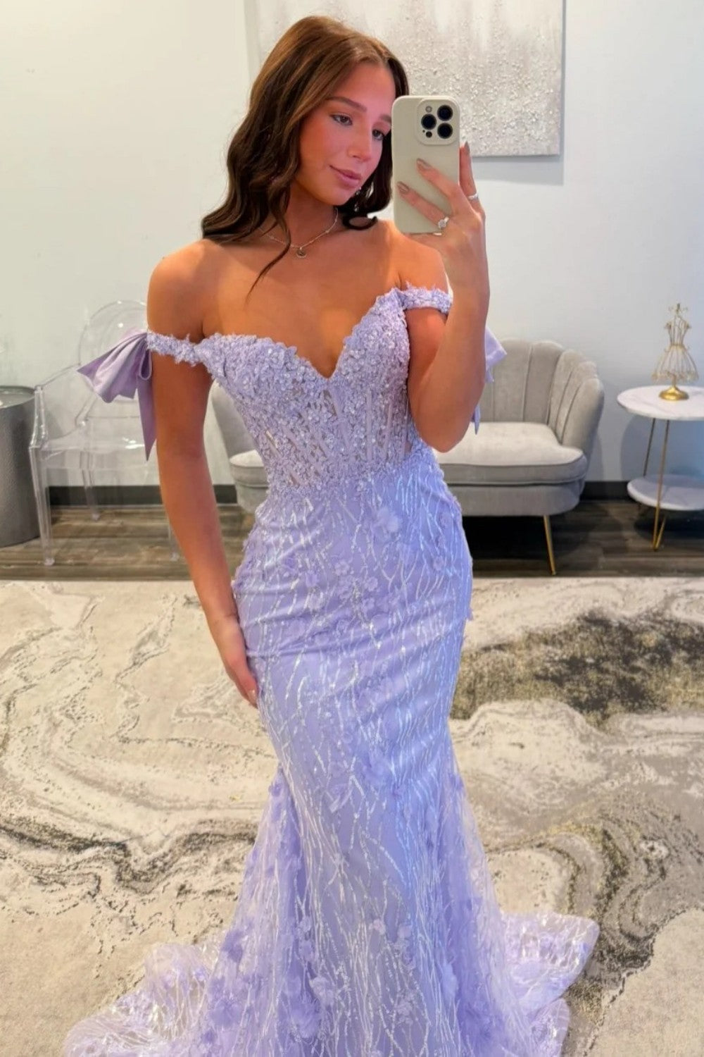 Charming Mermaid Off the Shoulder Lavender Long Prom Dress with Sequined Lace - View 4 | VelvetHem