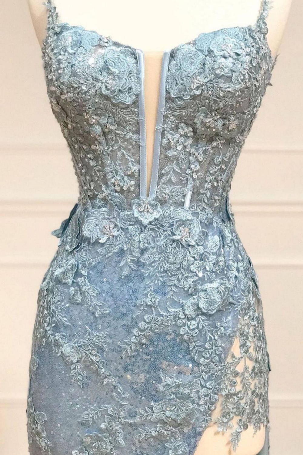 Glittter Sequin Mermaid Spaghetti Straps Long Corset Prom Dress With Appliques - View 3 | VelvetHem