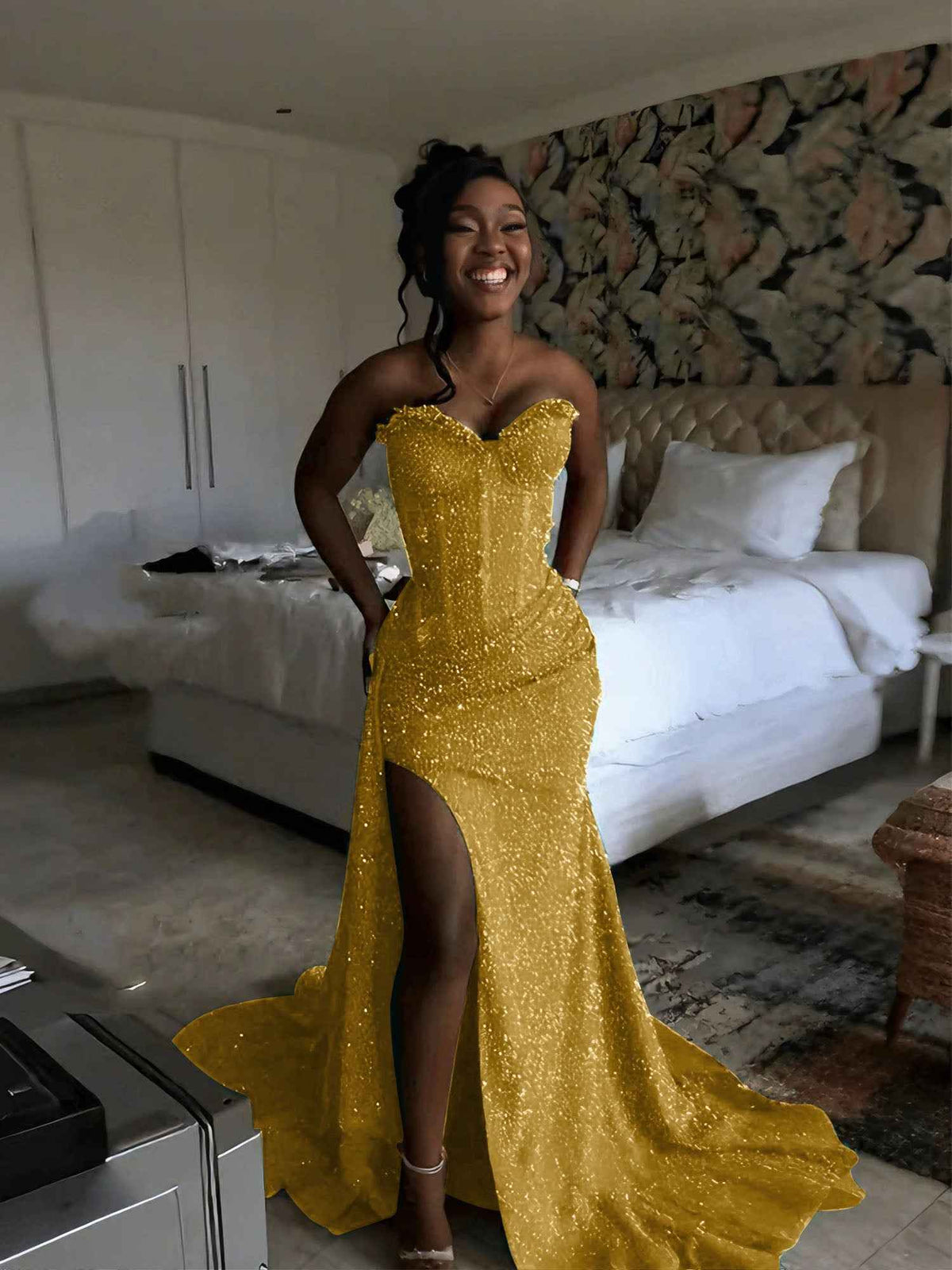Glitter Strapless Mermaid Sequined Long Prom Dress with Slit (ZD17399)