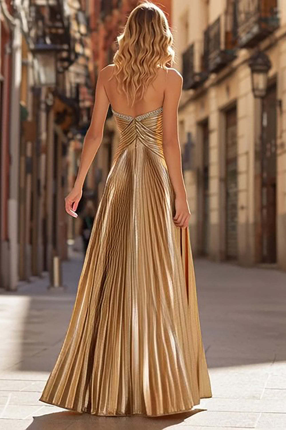 Gold A Line Prom Dress Beaded Sweetheart Pleated Long Formal Gown
