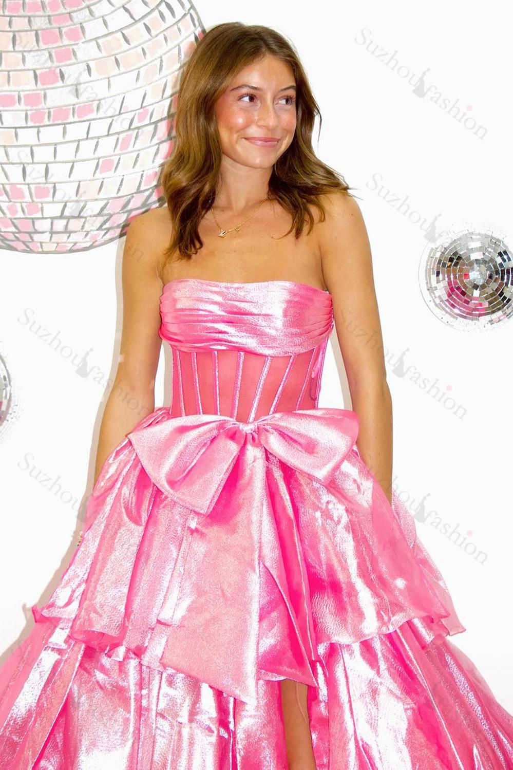 Gold Prom Dress Corset Ruffled Long Formal Dress With Bow