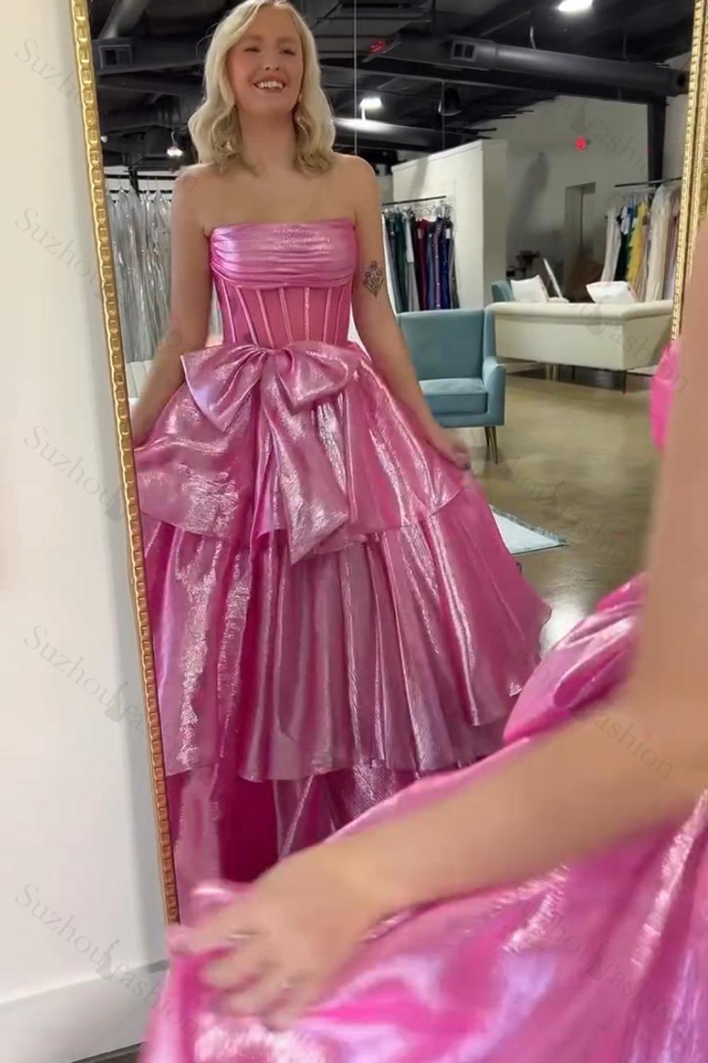 Gold Prom Dress Corset Ruffled Long Formal Dress With Bow