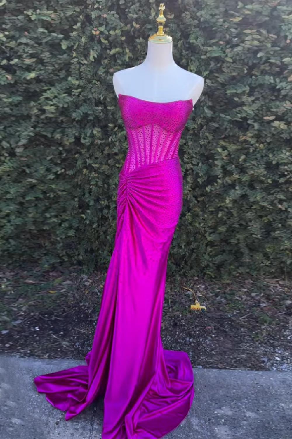 Gold Prom Dress Mermaid Corset Beaded Long Formal Dress With Slit