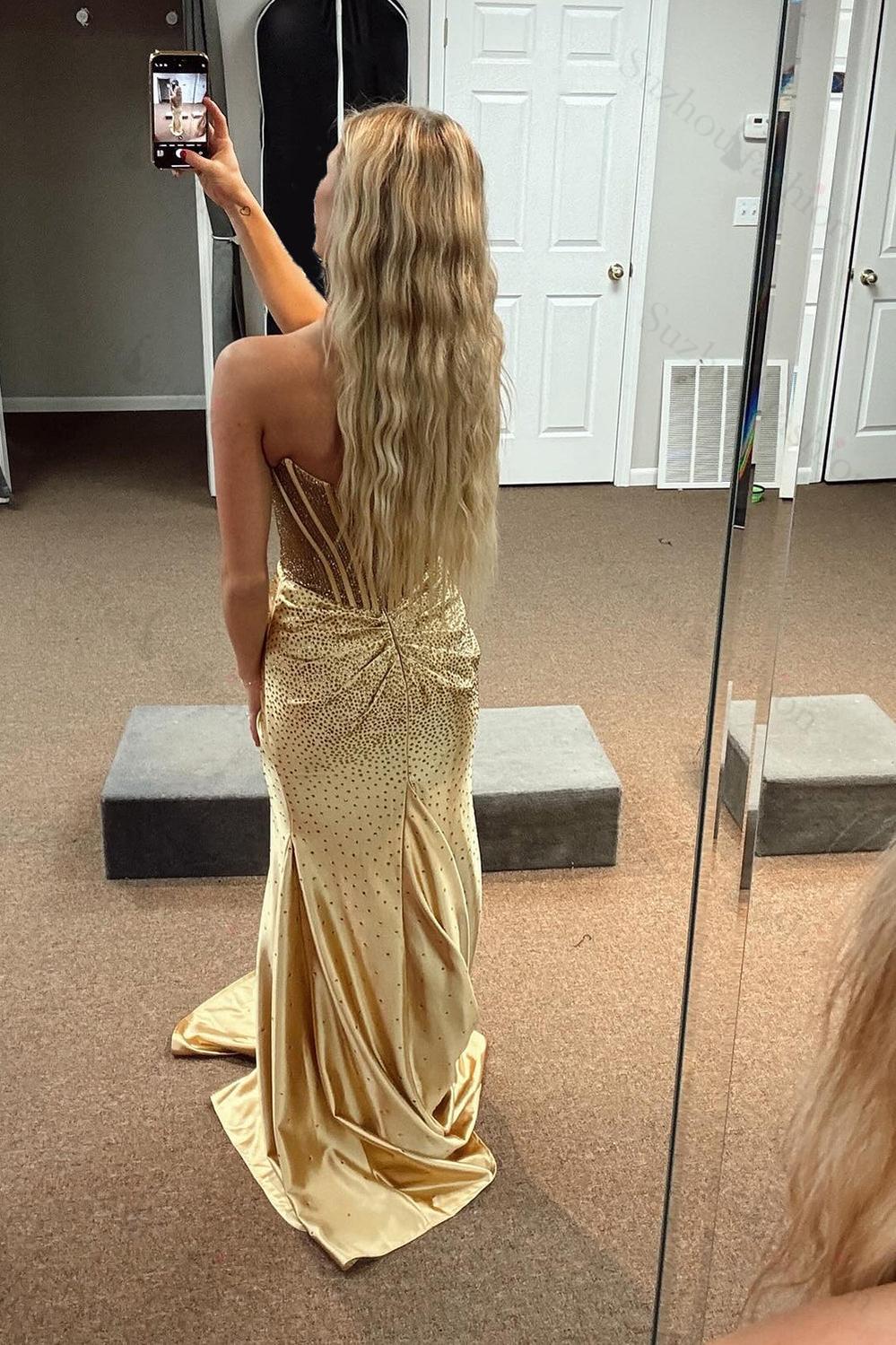 Gold Prom Dress Mermaid Corset Beaded Long Formal Dress With Slit