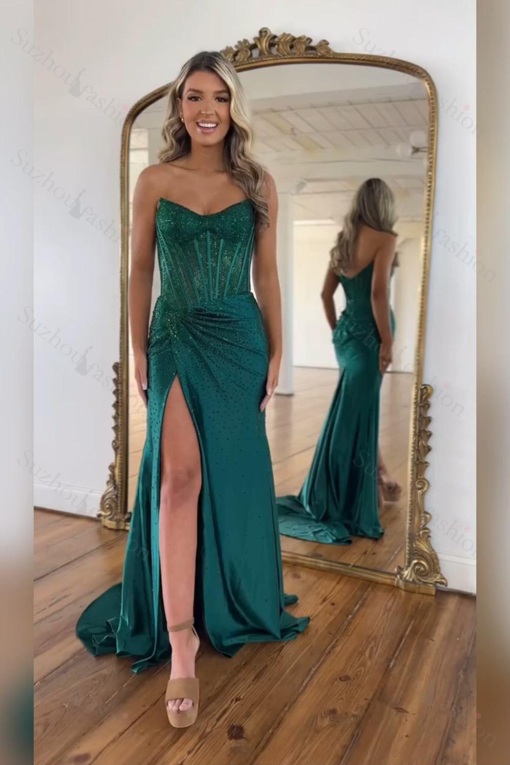 Gold Prom Dress Sheath Corset Beaded Long Formal Dress With Slit