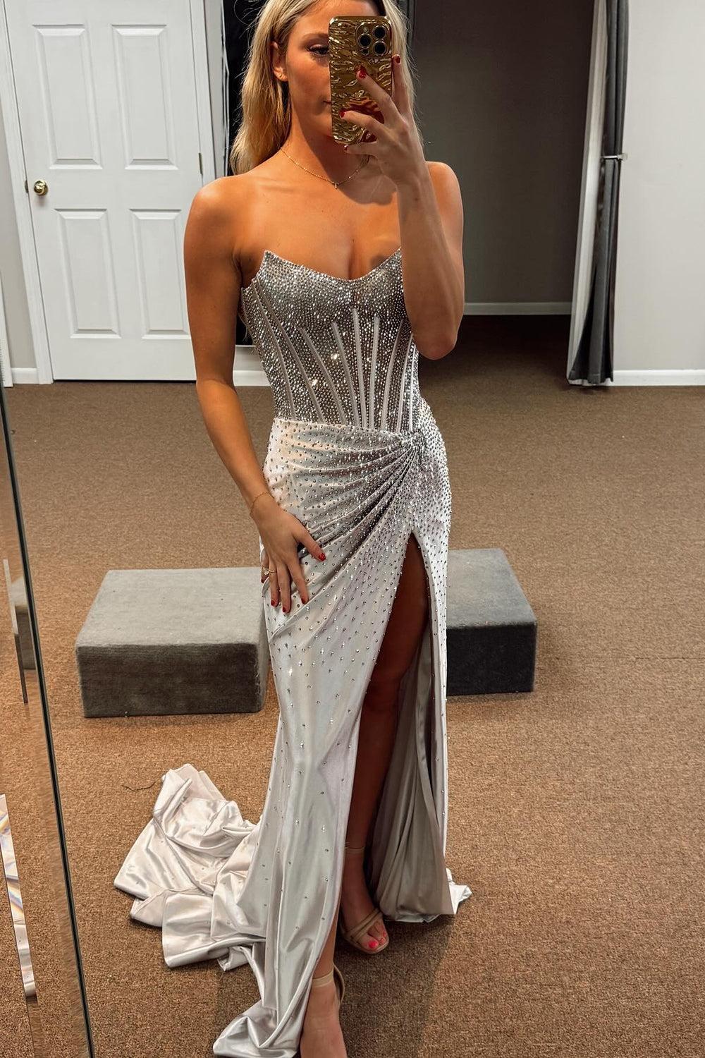 Gold Prom Dress Sheath Corset Beaded Long Formal Dress With Slit