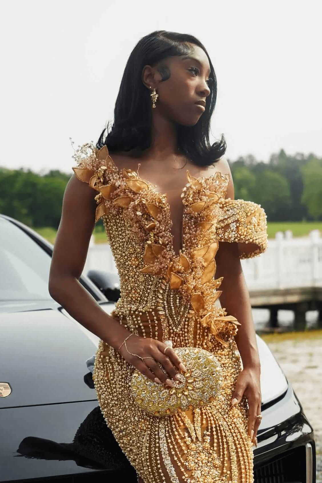 Gold Mermaid Beaded Prom Dress Tulle Formal Evening Dress with 3D Flowers