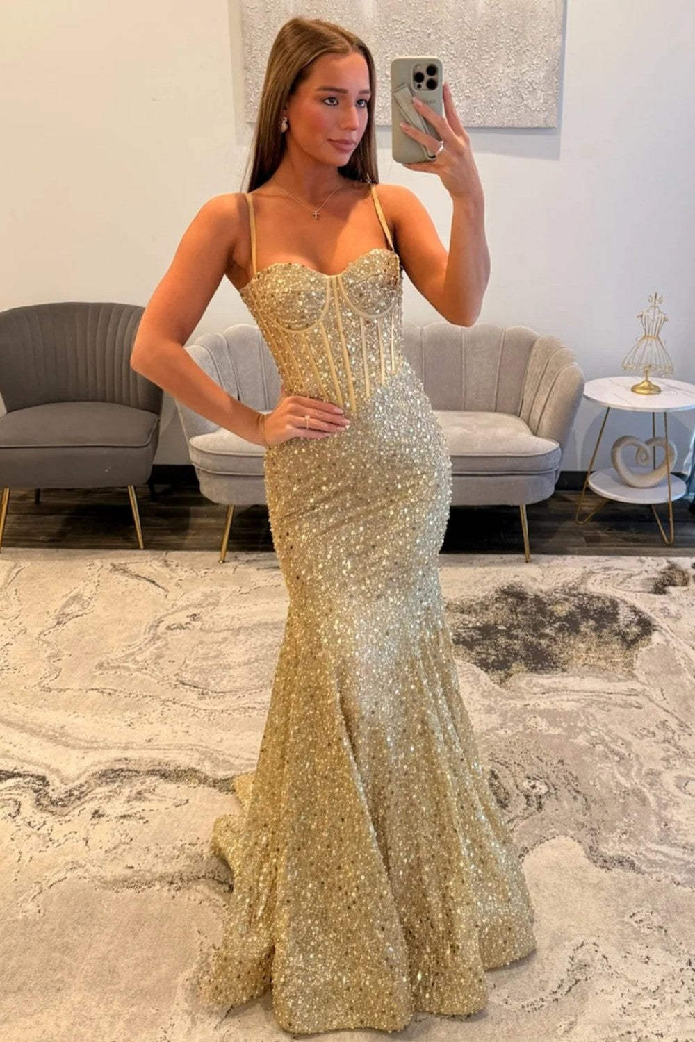 Shiny Light Blue Mermaid Spaghetti Straps Long Beaded Prom Dress