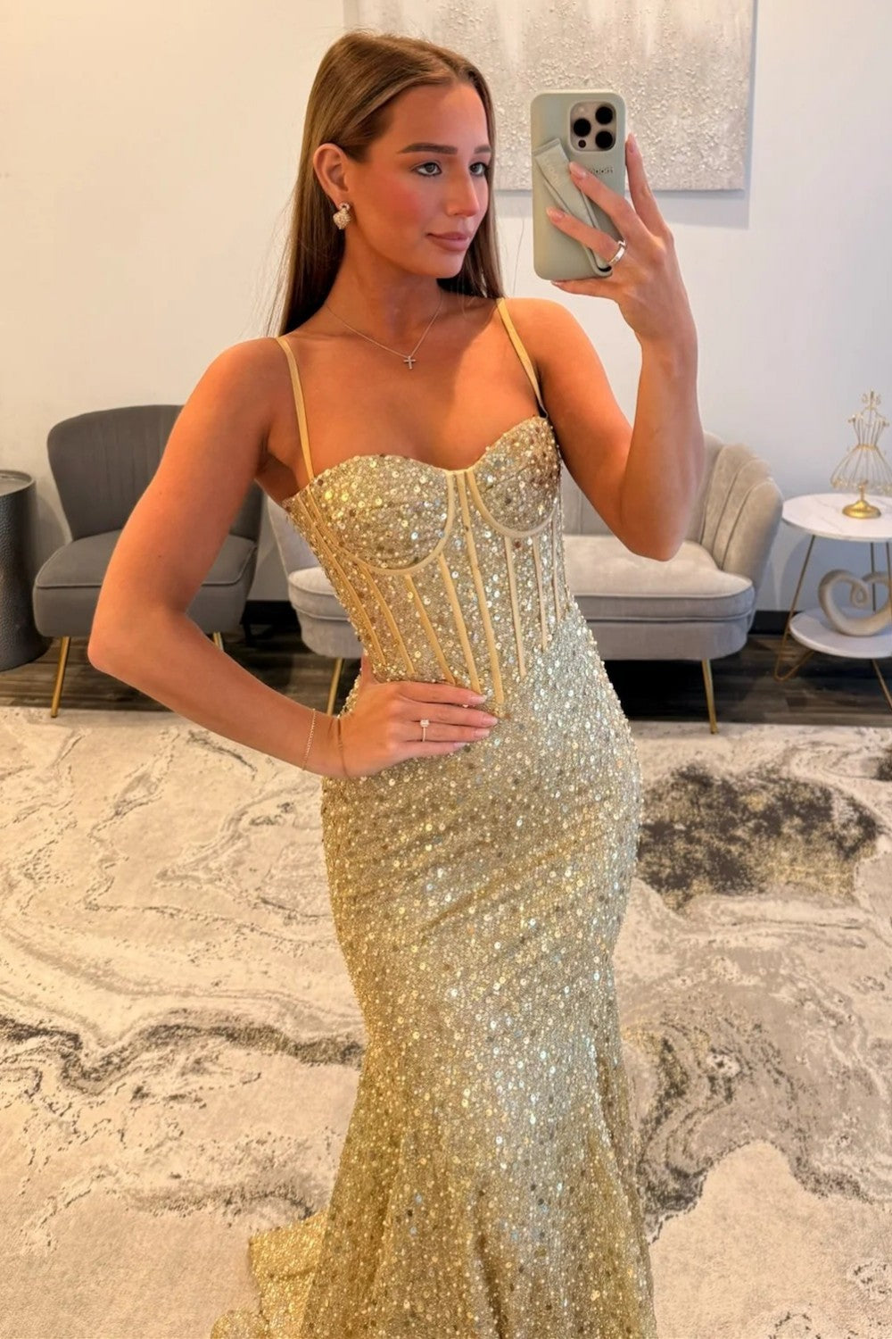 Shiny Light Blue Mermaid Spaghetti Straps Long Beaded Prom Dress