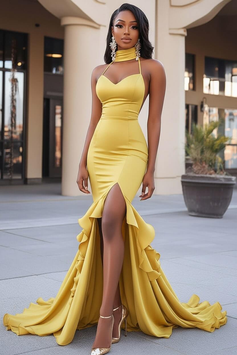 Black Wedding Guest Dress Ruffled Mermaid Long Prom Dress With Slit