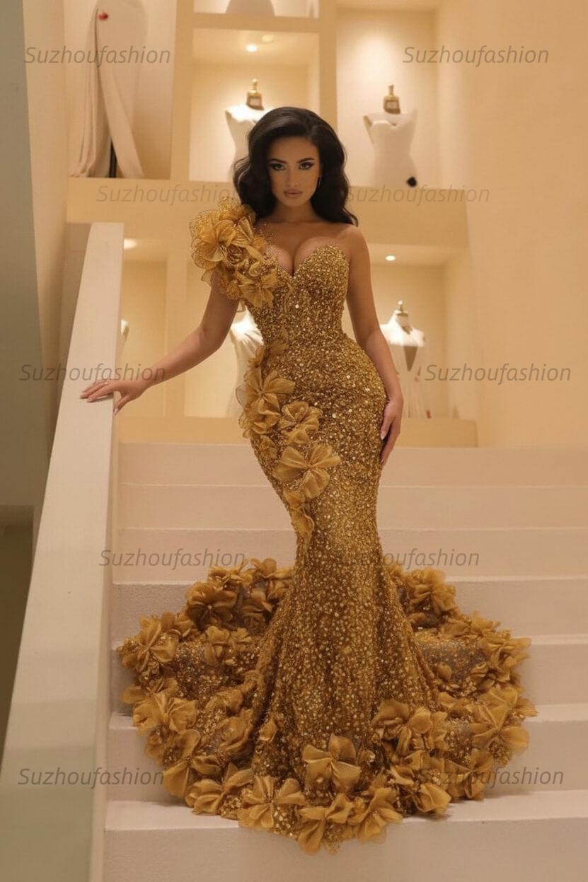Burgundy One Shoulder Prom Dress Mermaid Sequined Formal Evening Dress with 3D Flowers
