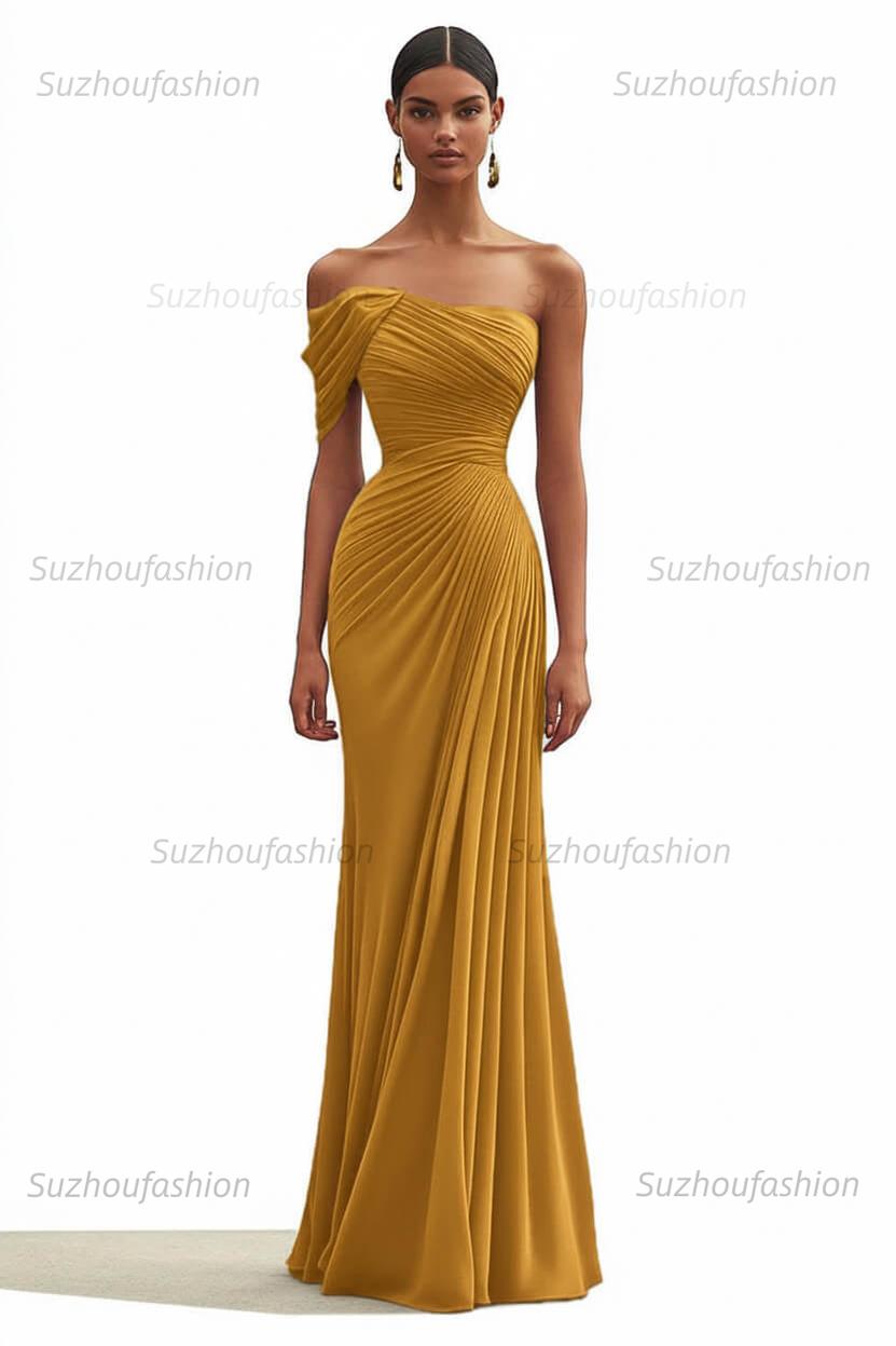 One Shoulder Ruched Mermaid Dark Green Wedding Guest Dress Long Formal Dress