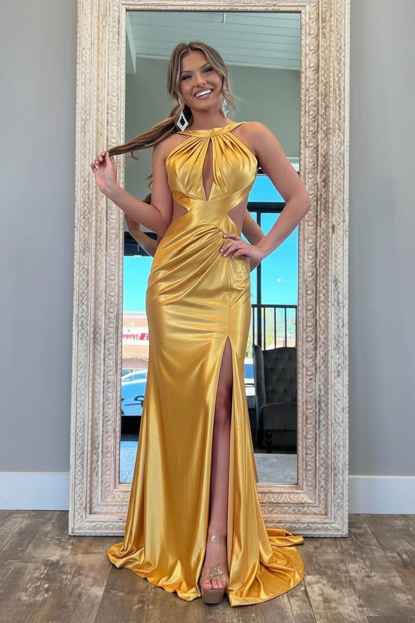 Suzhoufashion Stylish Fuchsia Metallic Mermaid Prom Dress With Slit And Open Back Formal Evening Gown