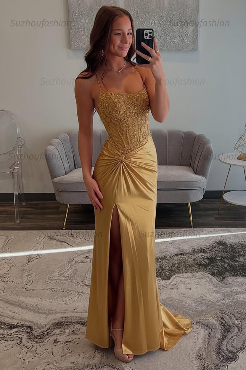 Red Prom Dress Spaghetti Straps Ruhed Long Lace Formal Dress With Appliques