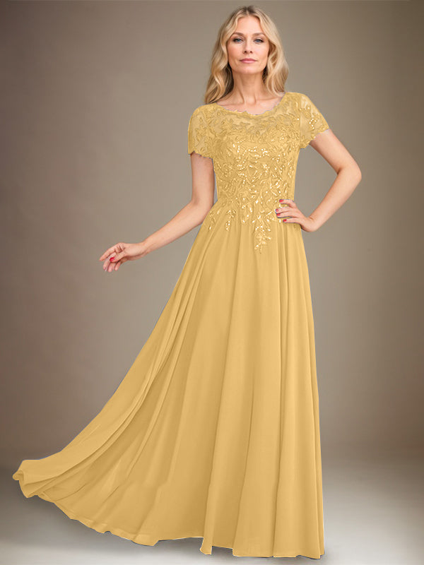 A-Line Scoop Floor-Length Chiffon Mother of the Bride Dress With Applique & Sequins
