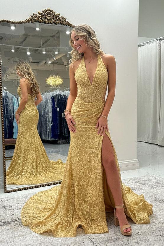 Halter Pink Prom Dress Long Lace Formal Dress With Slit