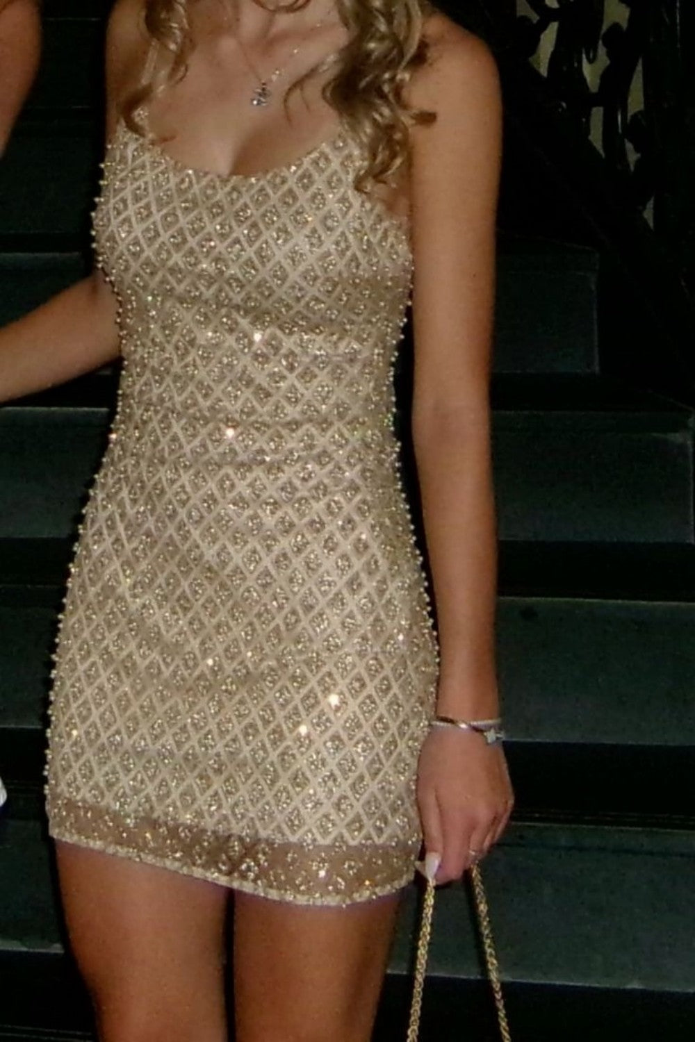 Gold Sparkle Diamond Pattern Bodycon Homecoming Dress Elegant Mini Dress