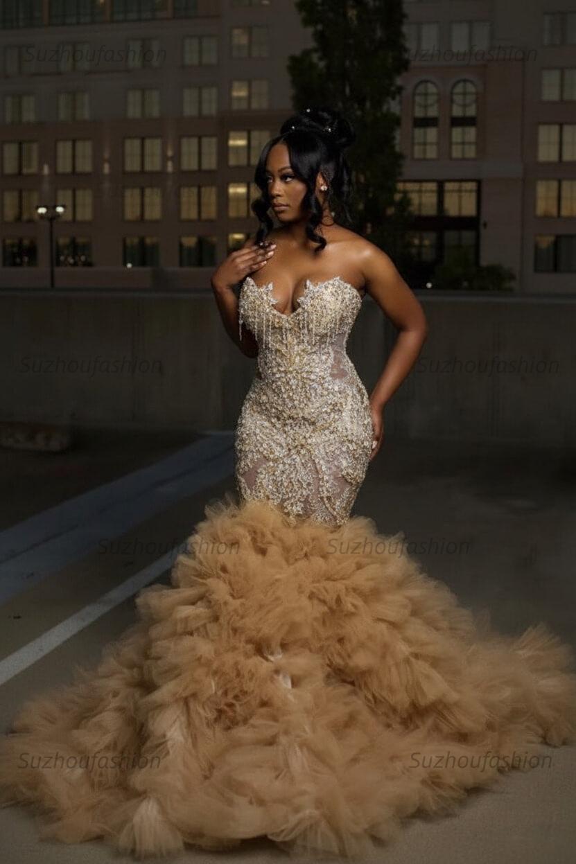 Mermaid Sweetheart Prom Dress Ruffled Sleeveless Formal Evening Gown with Rhinestones and Beadings