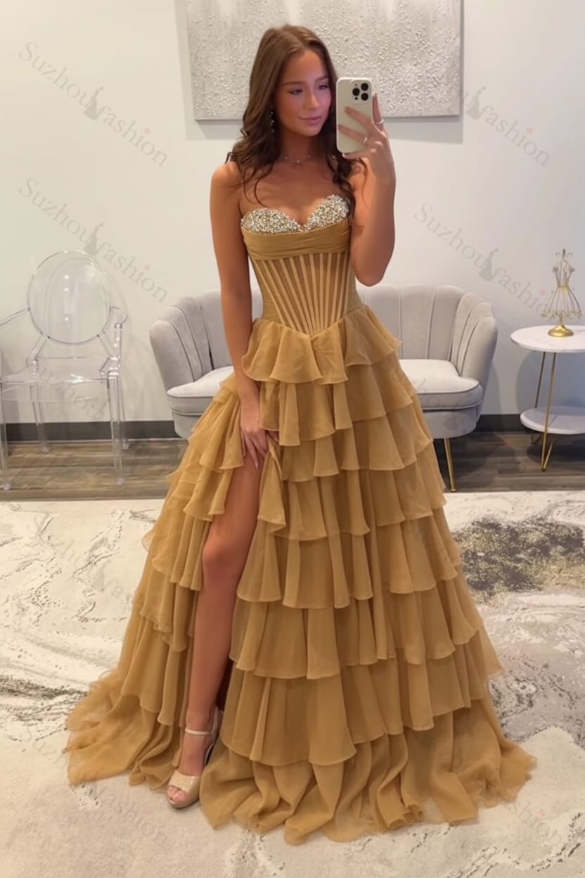 Ruffled Black Prom Dress A Line Corset Long Formal Dress With Beadings