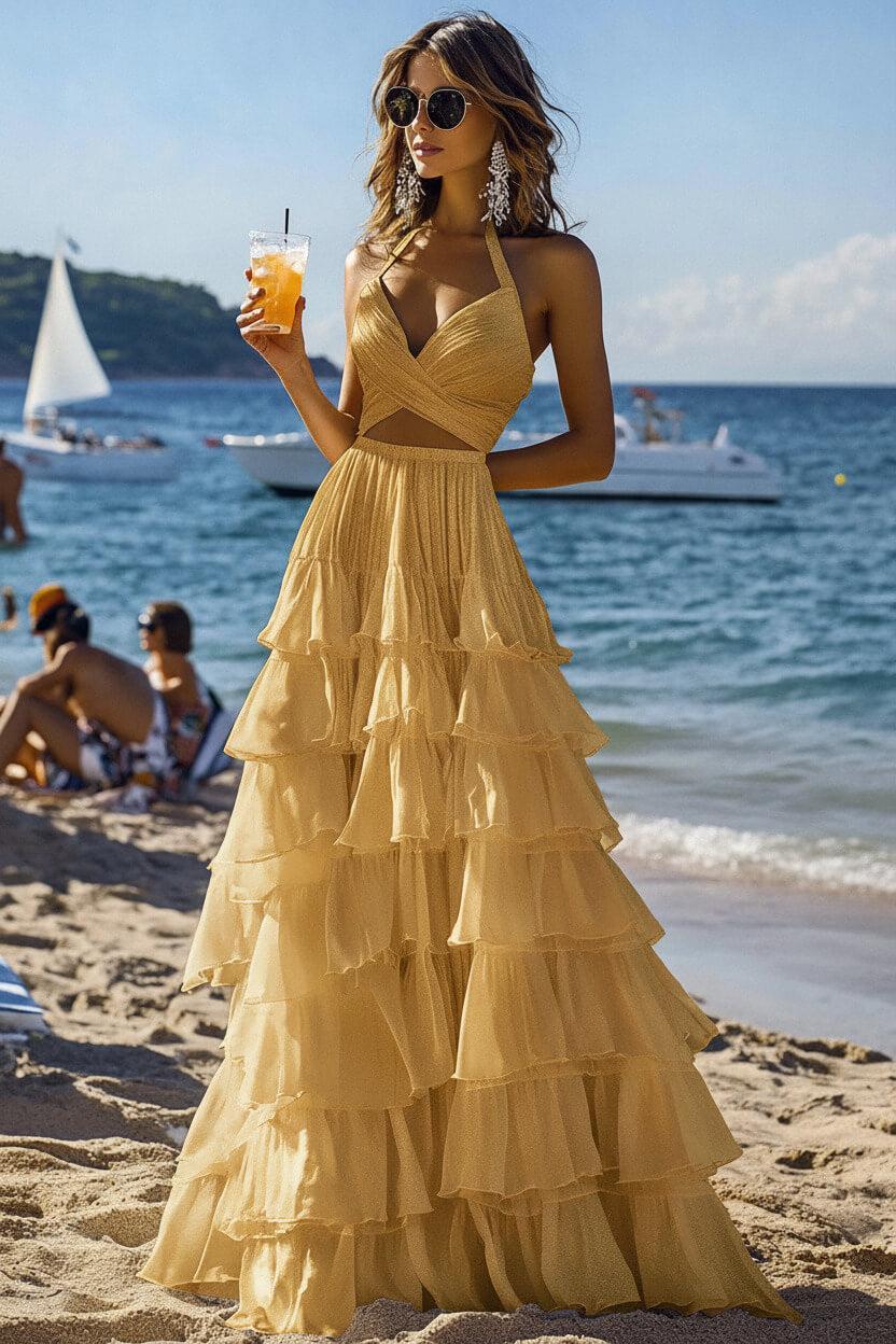 Halter Tiered White 2 Piece Ruffled Formal Dress