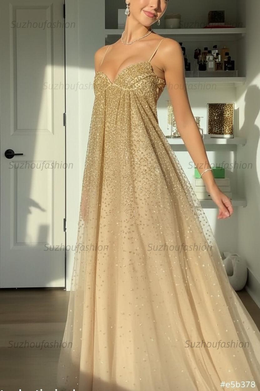 Suzhoufashion Bling A Line Spaghetti Straps Grey Blue Long Party Dress With Beading Formal Evening Gown