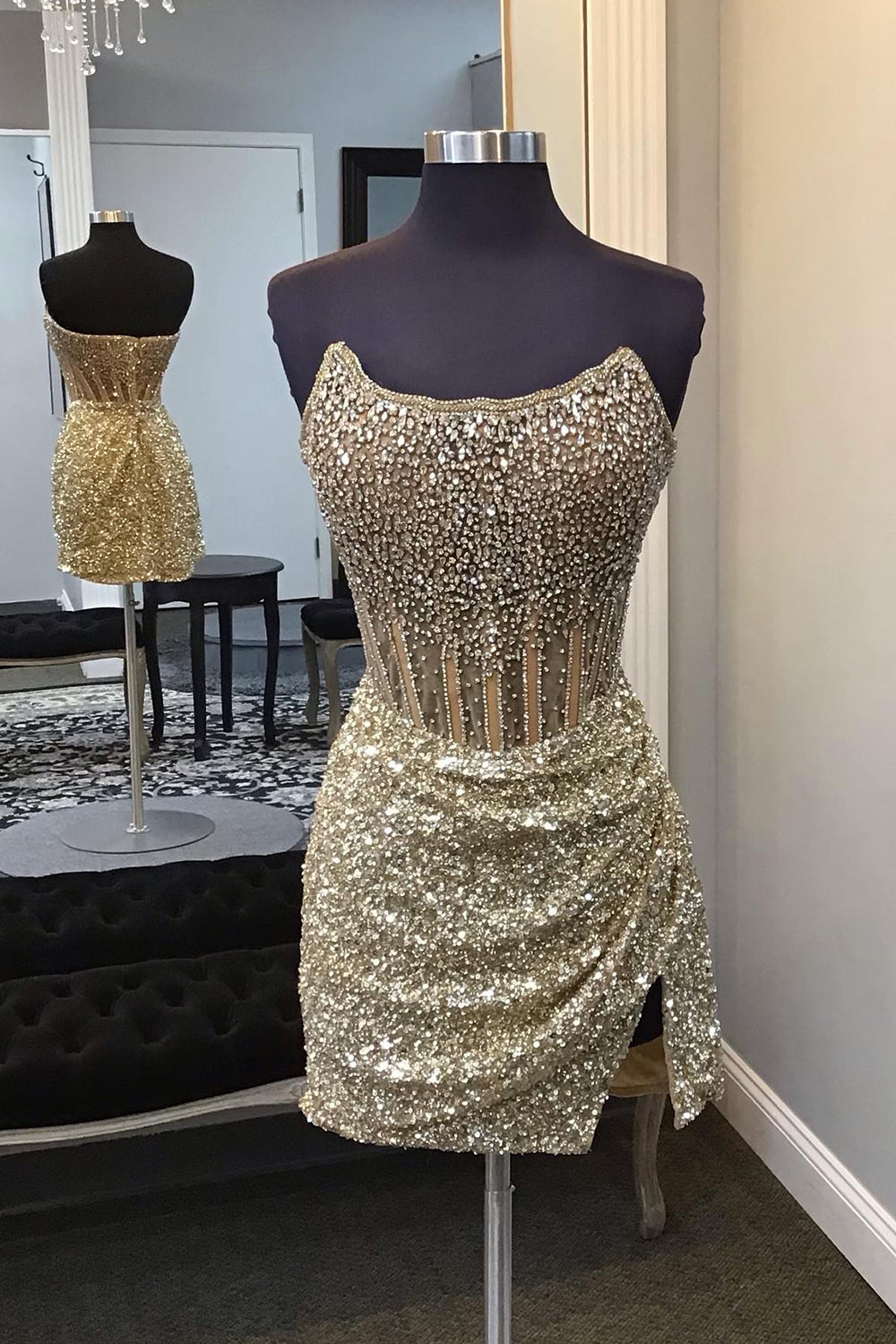 Golden Homecoming Dresses Corset Beaded Strapless Tight Short Cocktail Dresses