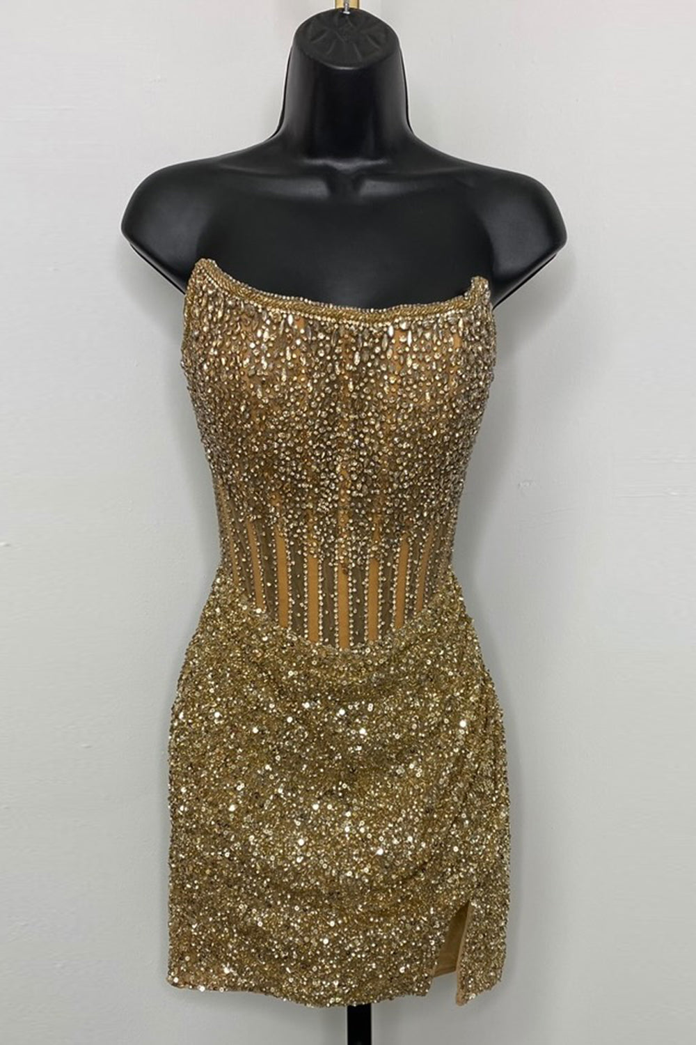 Golden Homecoming Dresses Corset Beaded Strapless Tight Short Cocktail Dresses