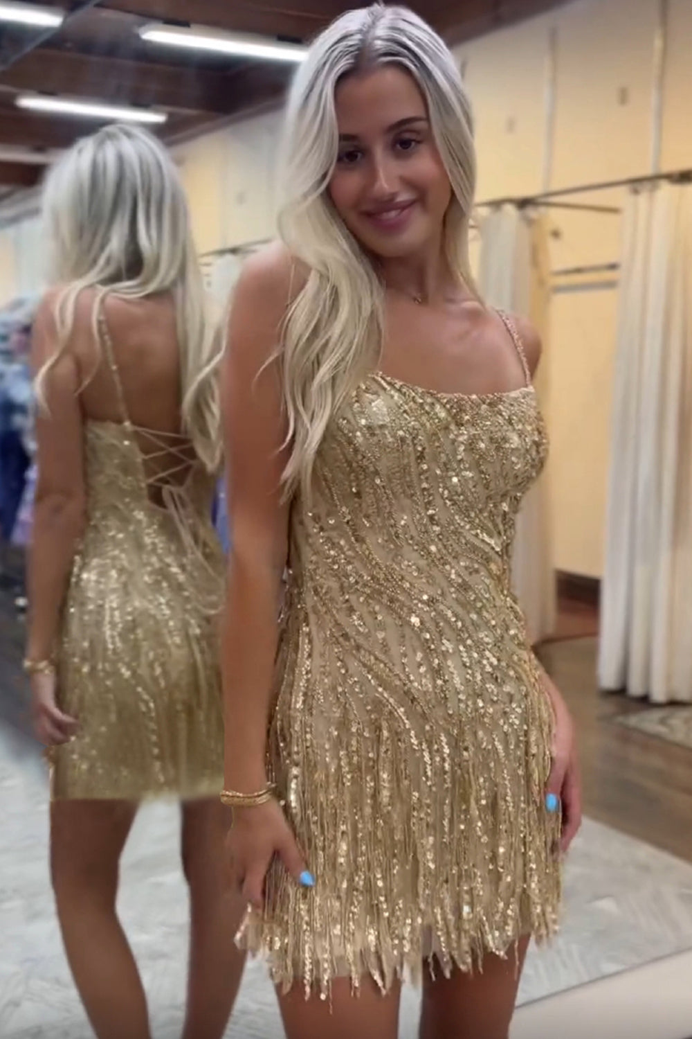 Golden Homecoming Dresses Spaghetti Straps Beaded Fringed Tight Short Hoco Dress