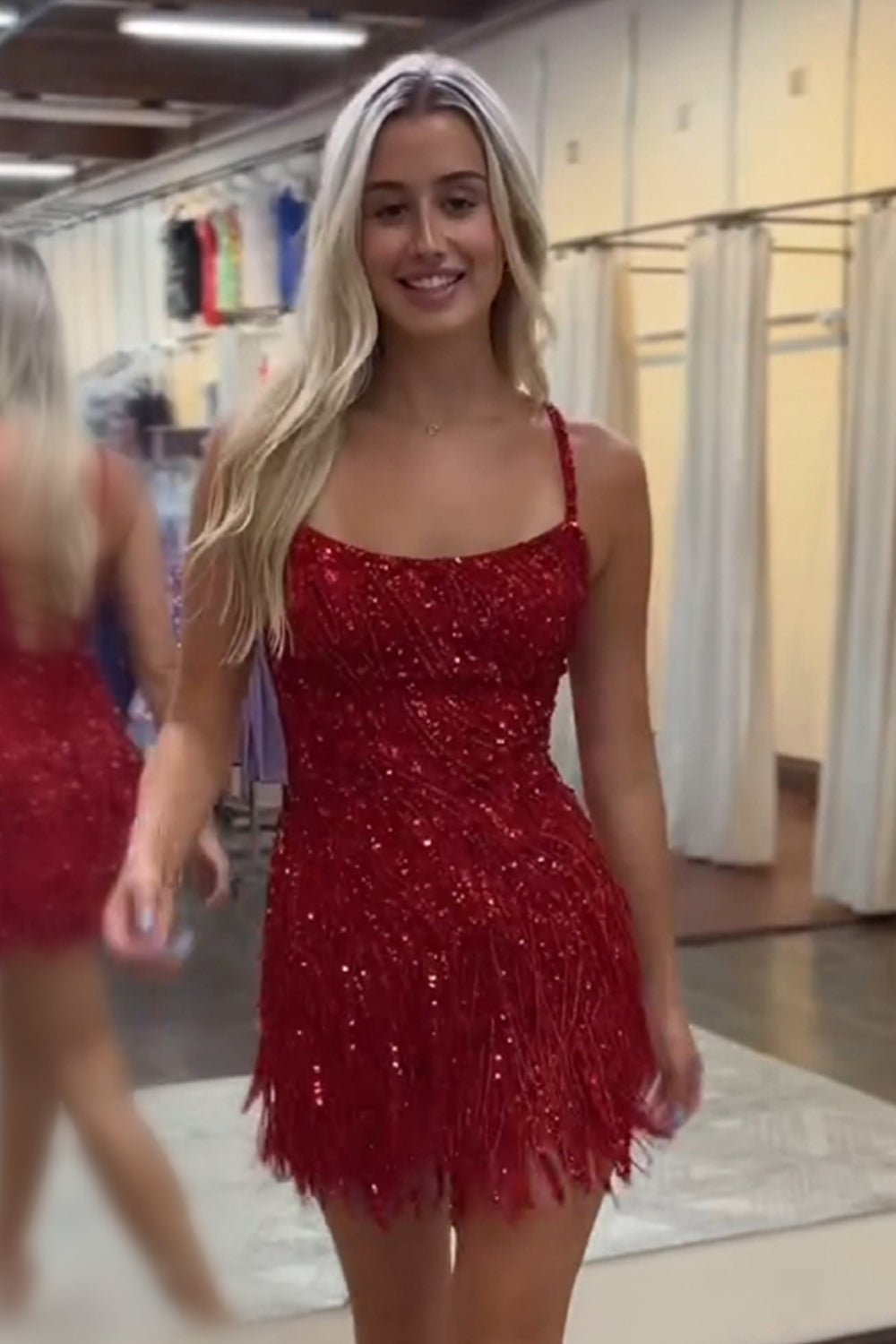 Golden Homecoming Dresses Spaghetti Straps Sequin Tight Short Hoco Dress with Fringes