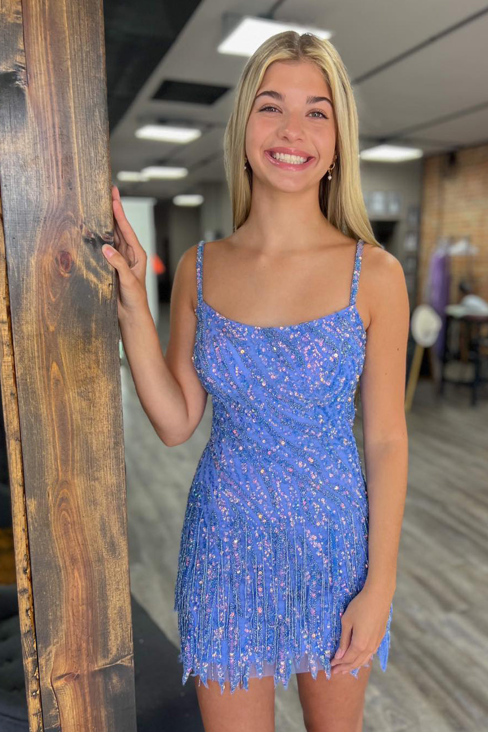 Golden Homecoming Dresses Spaghetti Straps Sequin Tight Short Hoco Dress with Fringes