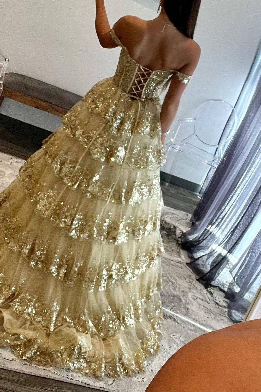 Sparkly Gorgeous A-Line Off The Shoulder Long Prom Dress with Sequin Appliques - View 6 | VelvetHem