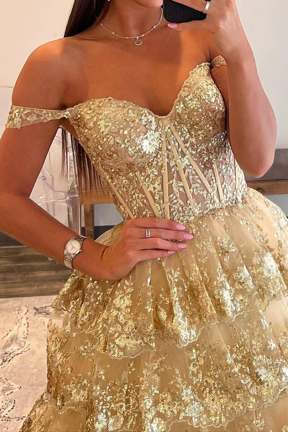 Sparkly Gorgeous A-Line Off The Shoulder Long Prom Dress with Sequin Appliques - View 8 | VelvetHem