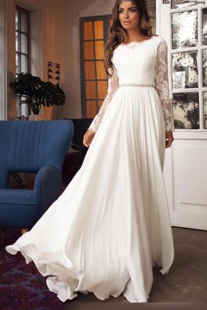 Gorgeous A-Line Beach Wedding Dress Chiffon Long Sleeves Ruffles Bridal Gowns with Sash