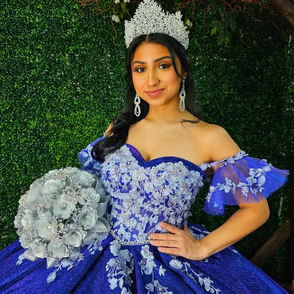 Gorgeous Ball Gown Off Shoulder Floral Lace Appliques Beaded Royal Blue Tulle Quinceanera Dress Princess Evening Party For Sweet 16