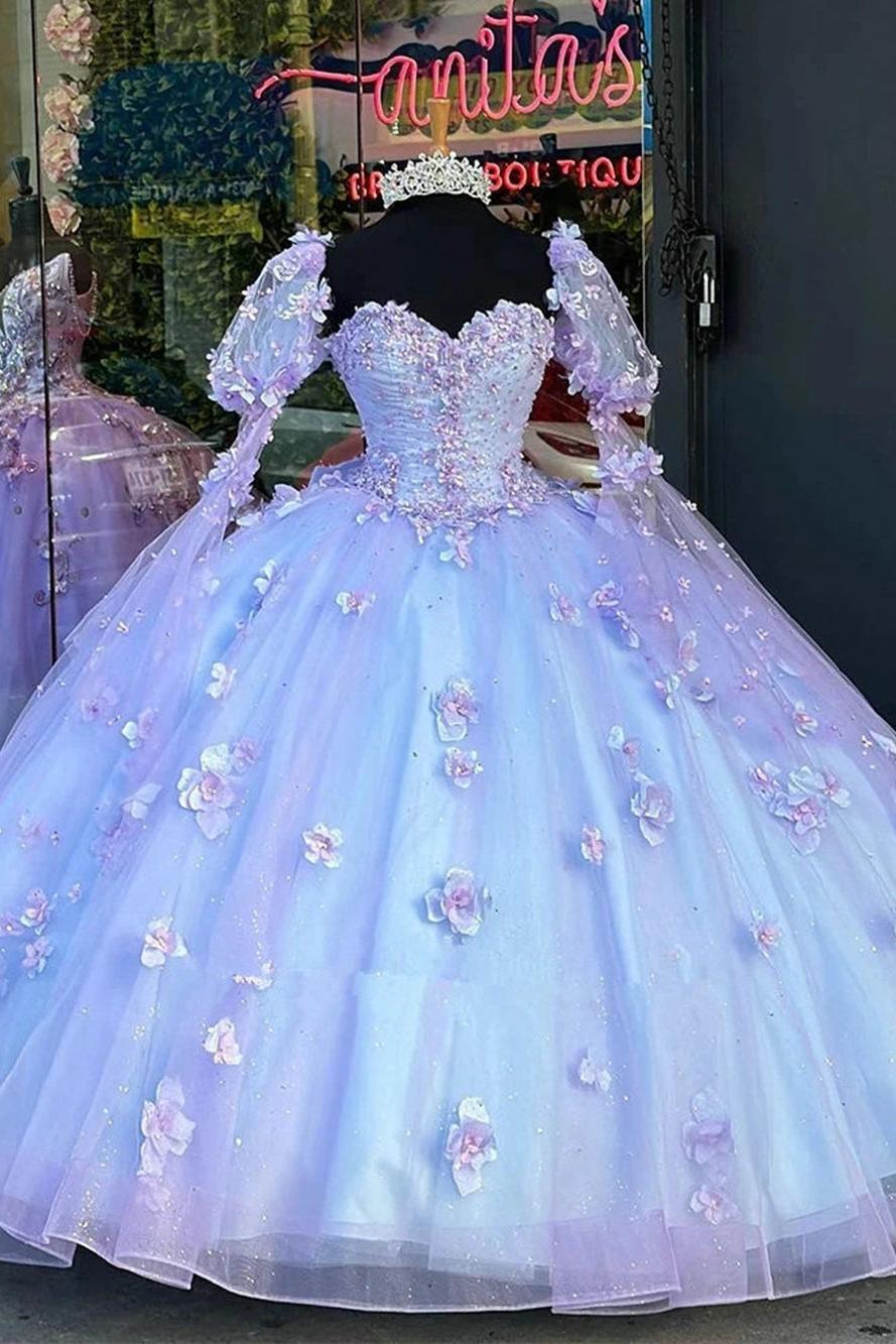 Gorgeous Ball Gown Sweetheart Neck Detachable Sleeves 3D Flower Appliques Beaded Princess Lavender Tulle Quinceanera Dresses For Sweet 16