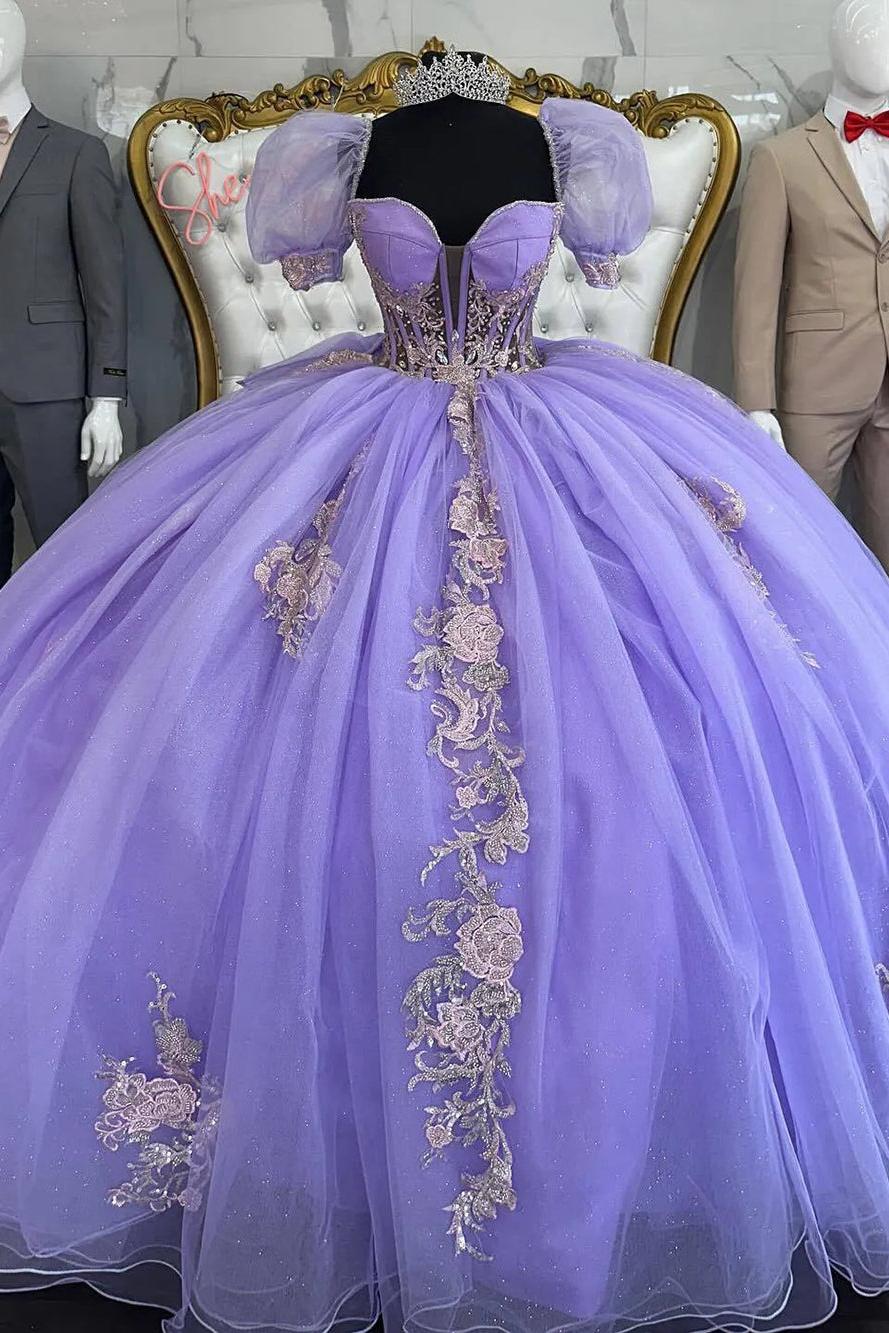 Gorgeous Ball Gown Sweetheart Neck Puffy Sleeves Lace Appliques Bow Knot Sweep Train Lavender Tulle Quinceanera Dress For Sweet 16