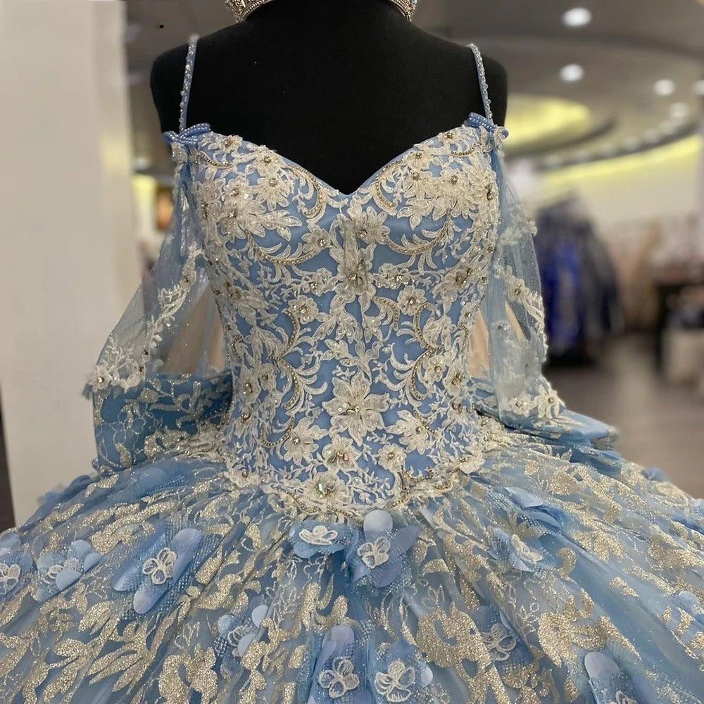 Gorgeous Ball Gown V Neck Spaghetti Straps Flower Appliques Beaded Lace Up Sky Blue Tulle Princess Gown Quinceanera Dress For Sweet 16