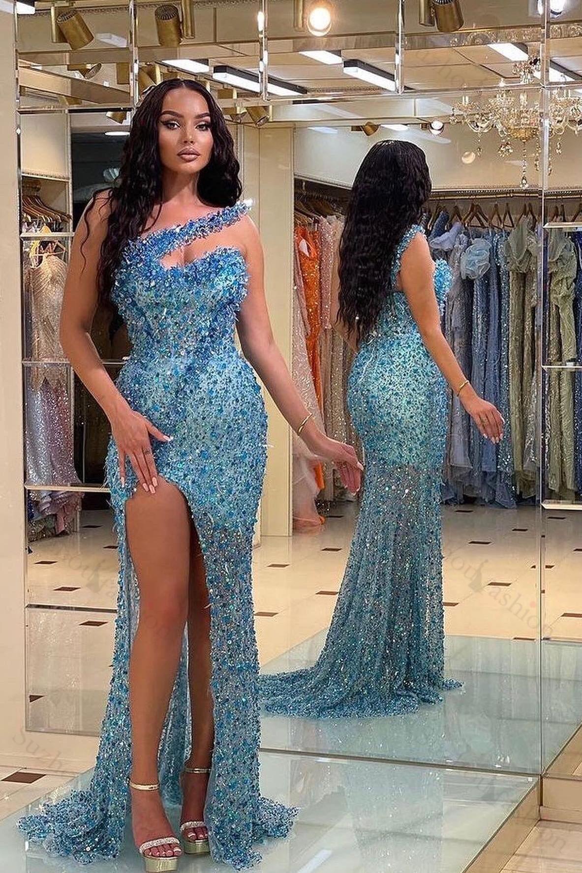 Gorgeous Blue Prom Dress Strapless Mermaid Evening Formal Dress Split With Beadings