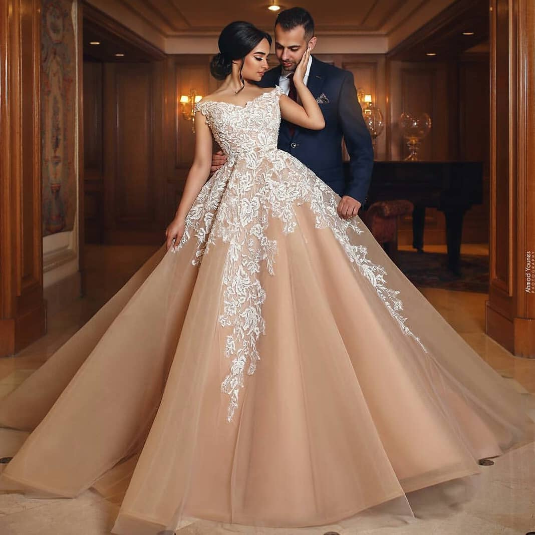 Gorgeous Champagne Appliques Wedding Dresses  | A Line Off-the-shoulder Bridal Gowns
