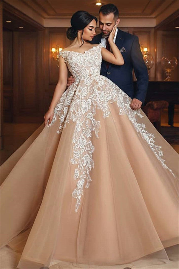 Gorgeous Champagne Appliques Wedding Dresses  | A Line Off-the-shoulder Bridal Gowns