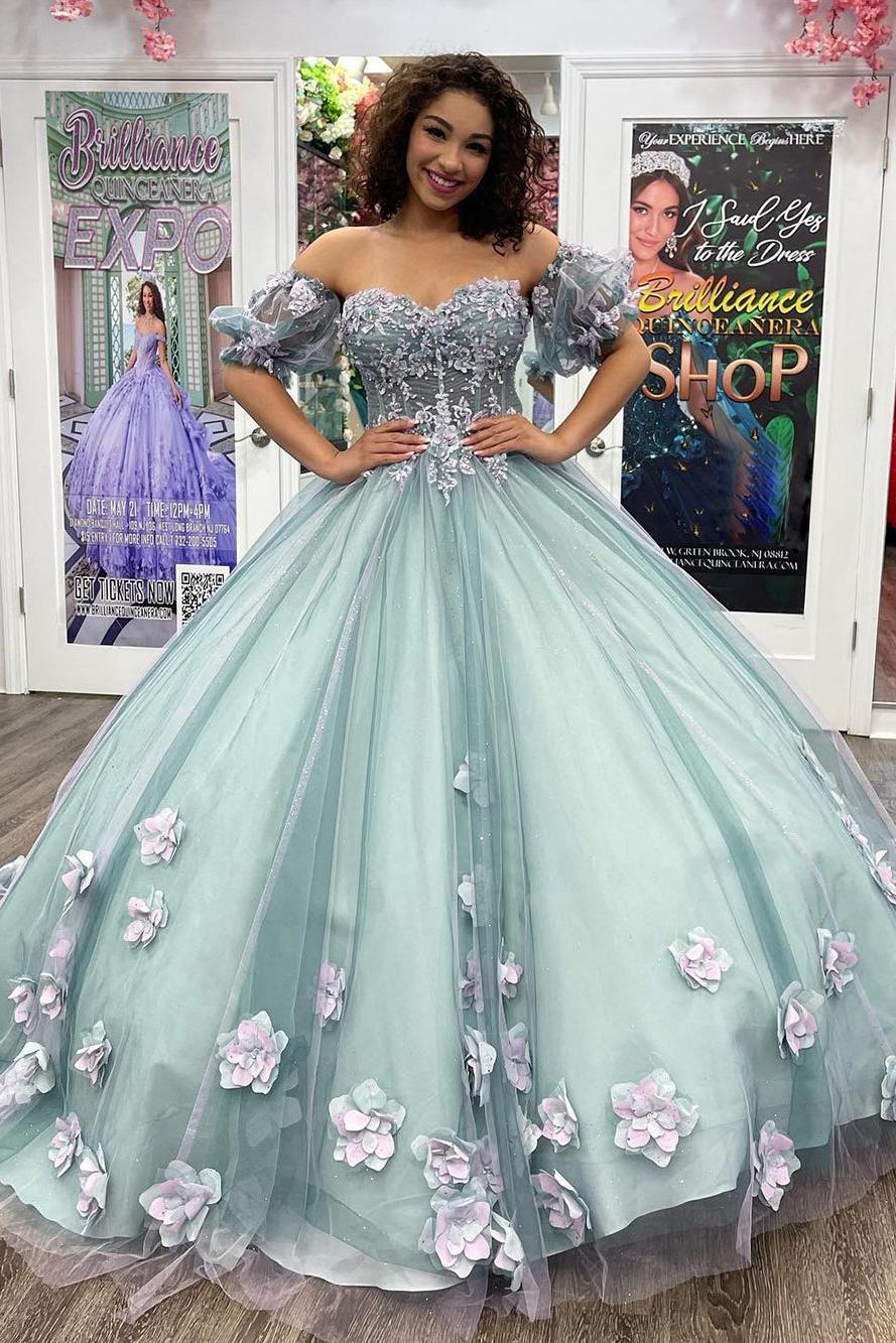 Gorgeous & Glamorous Ball Gown Off Shoulder Puff Sleeves 3D Flowers Lace Appliques Beaded Blue Tulle Quinceanera Dress Formal Evening Gown For Sweet 16