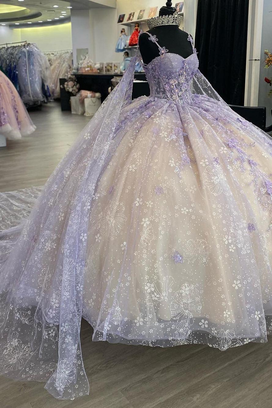 Gorgeous & Glamorous Ball Gown Sweetheart Neck Spaghetti Straps Floral Lace Appliques Lavender Champagne Tulle Princess Prom Party Gown Quinceanera Dress For Sweet 16