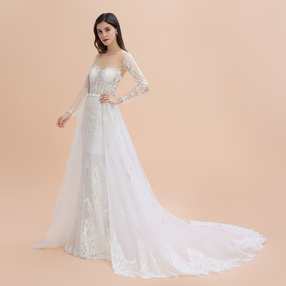 Gorgeous Jewel Tulle Lace Wedding Dress | Long Sleeves Appliques Mermaid Bridal Gowns