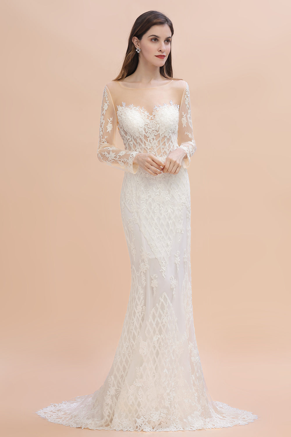 Gorgeous Jewel Tulle Lace Wedding Dress | Long Sleeves Appliques Mermaid Bridal Gowns