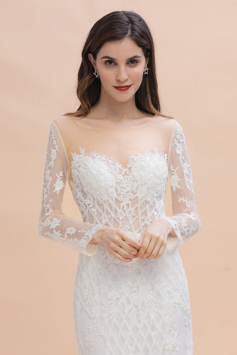 Gorgeous Jewel Tulle Lace Wedding Dress | Long Sleeves Appliques Mermaid Bridal Gowns