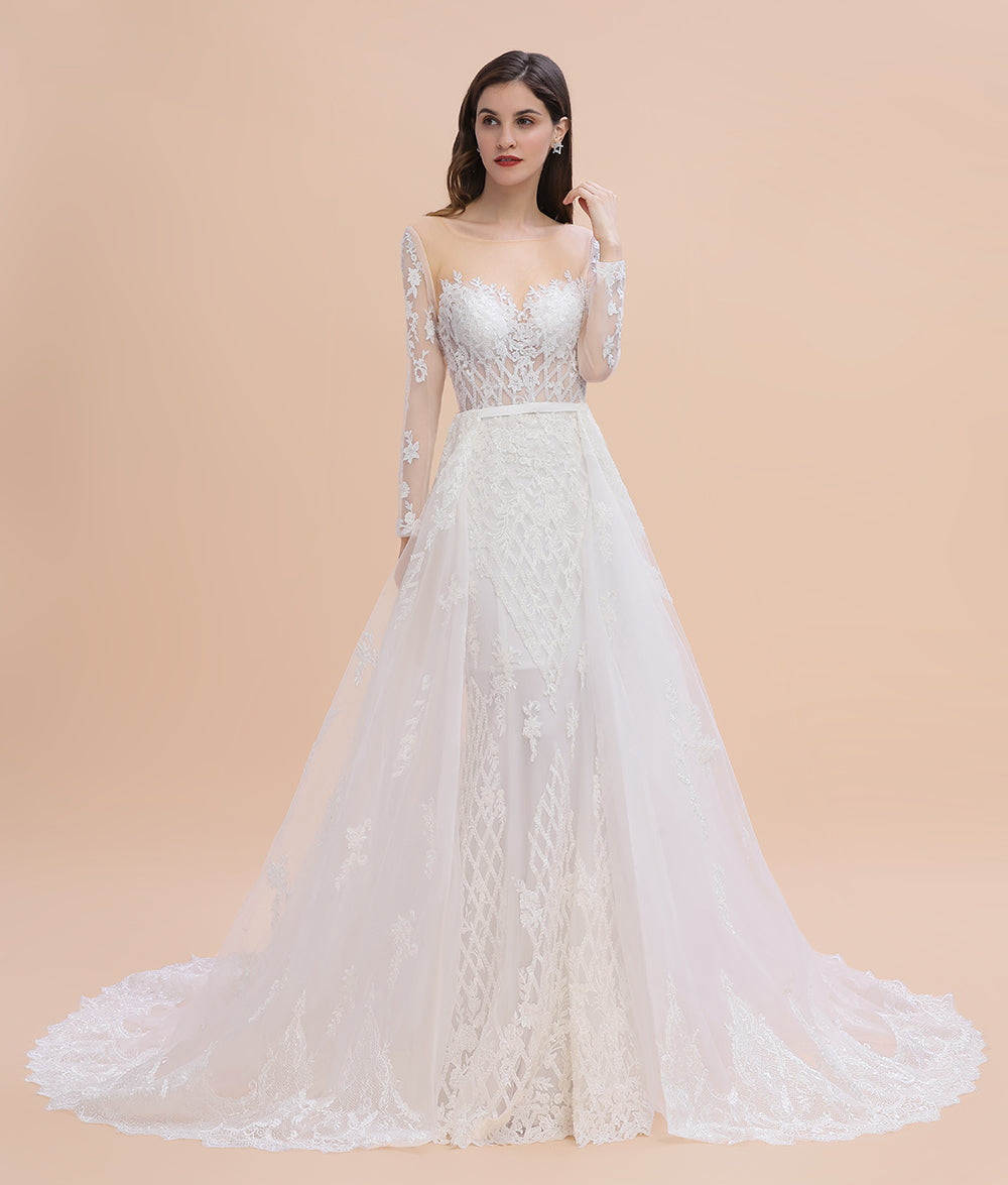 Gorgeous Jewel Tulle Lace Wedding Dress | Long Sleeves Appliques Mermaid Bridal Gowns