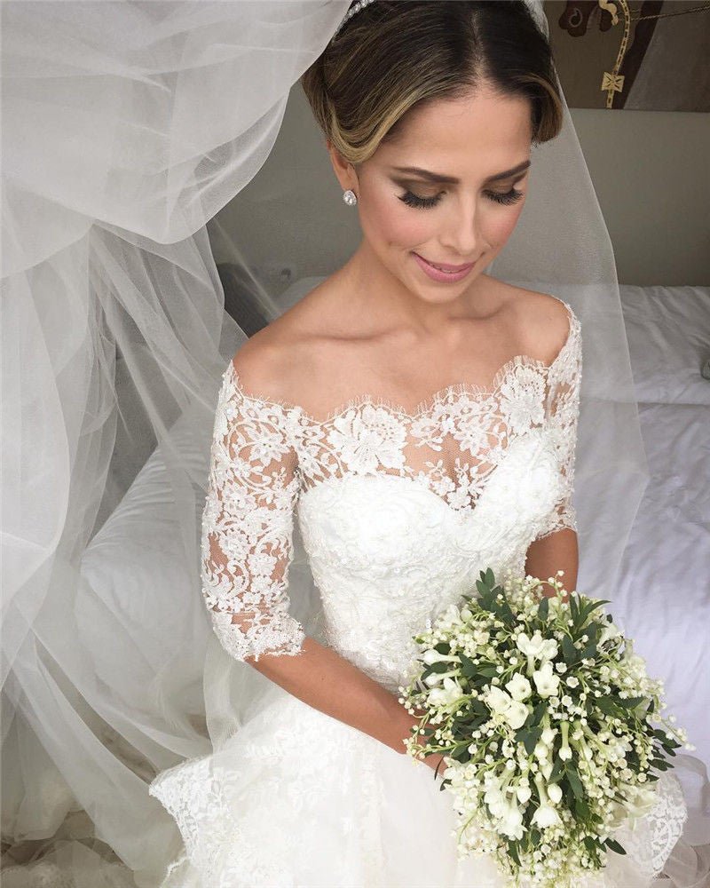 Gorgeous Lace Half Sleeve  Wedding Dresses Ruffles Organza Bridal Dresses
